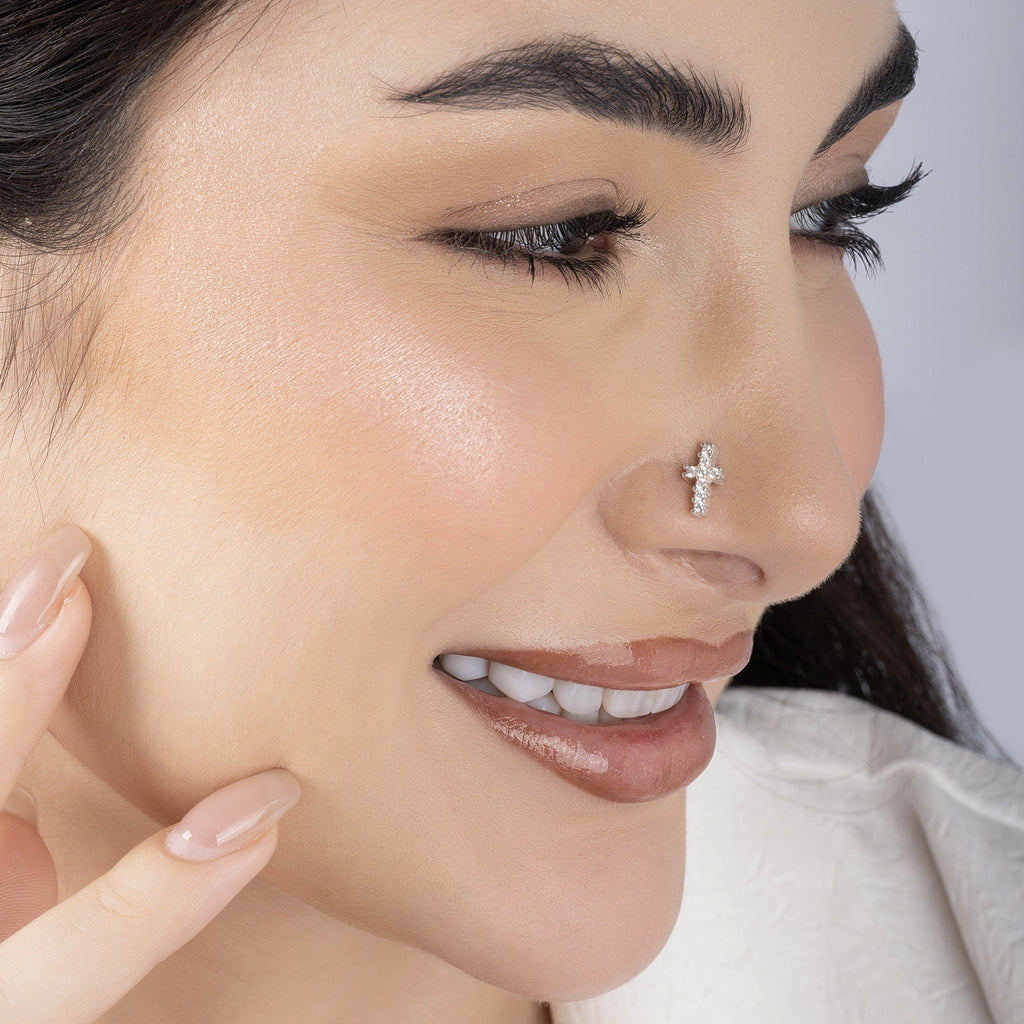 Cross Charm Silver Nose Pin