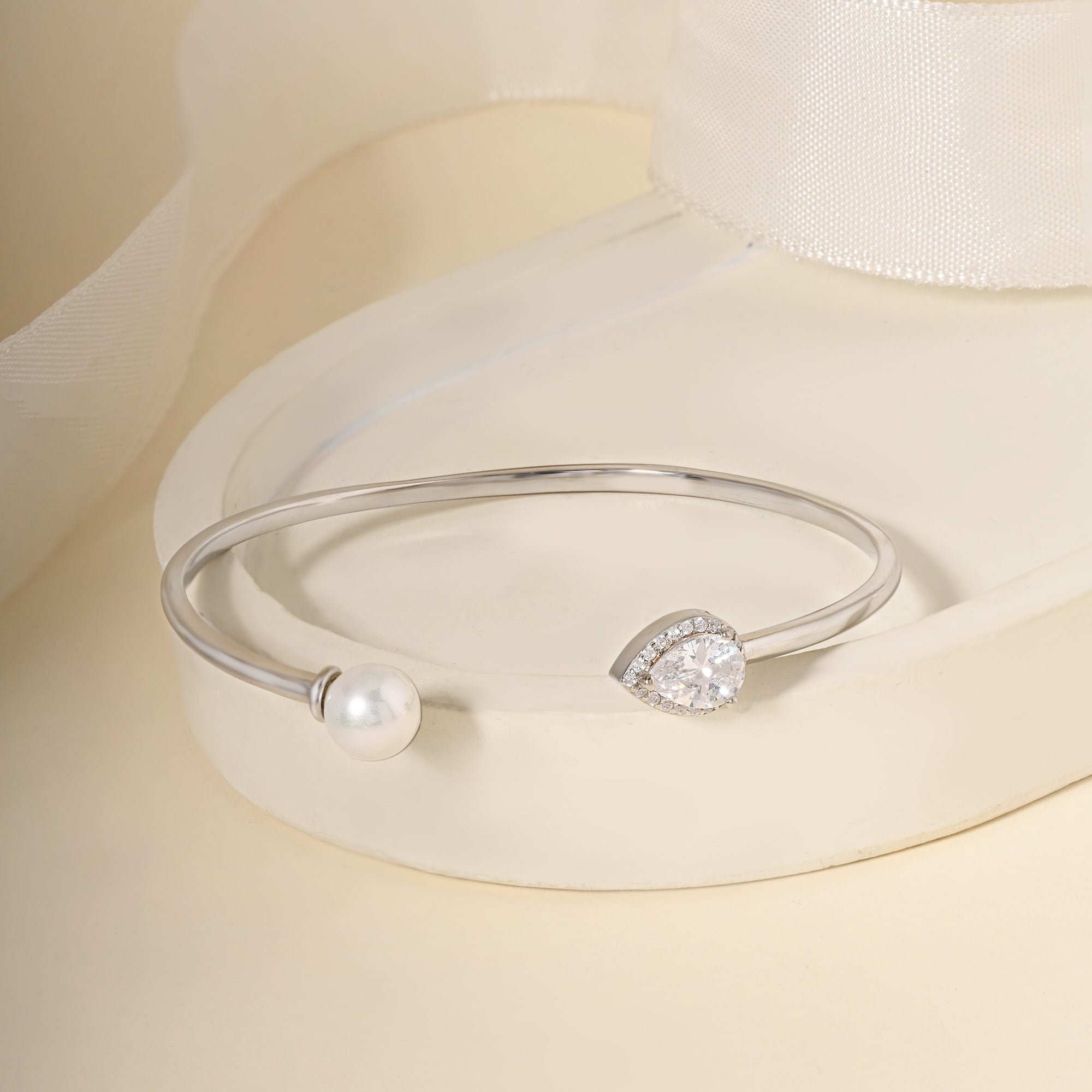 Silver CZ Tear Accent Cuff Kada