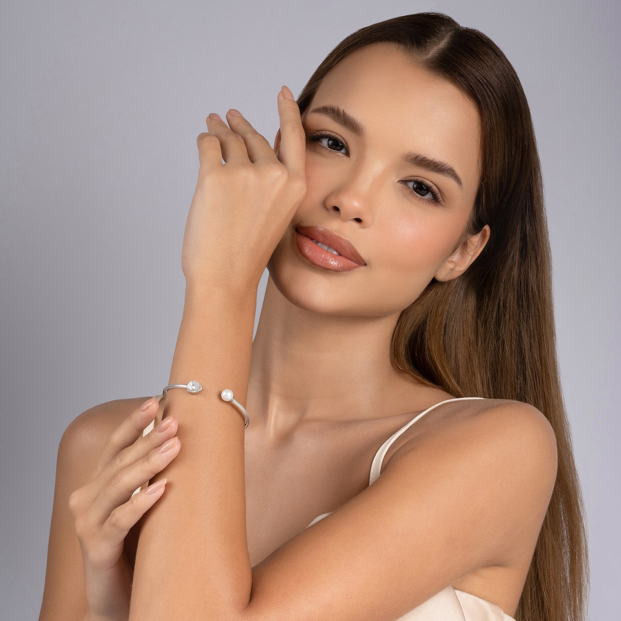 Silver CZ Tear Accent Cuff Kada