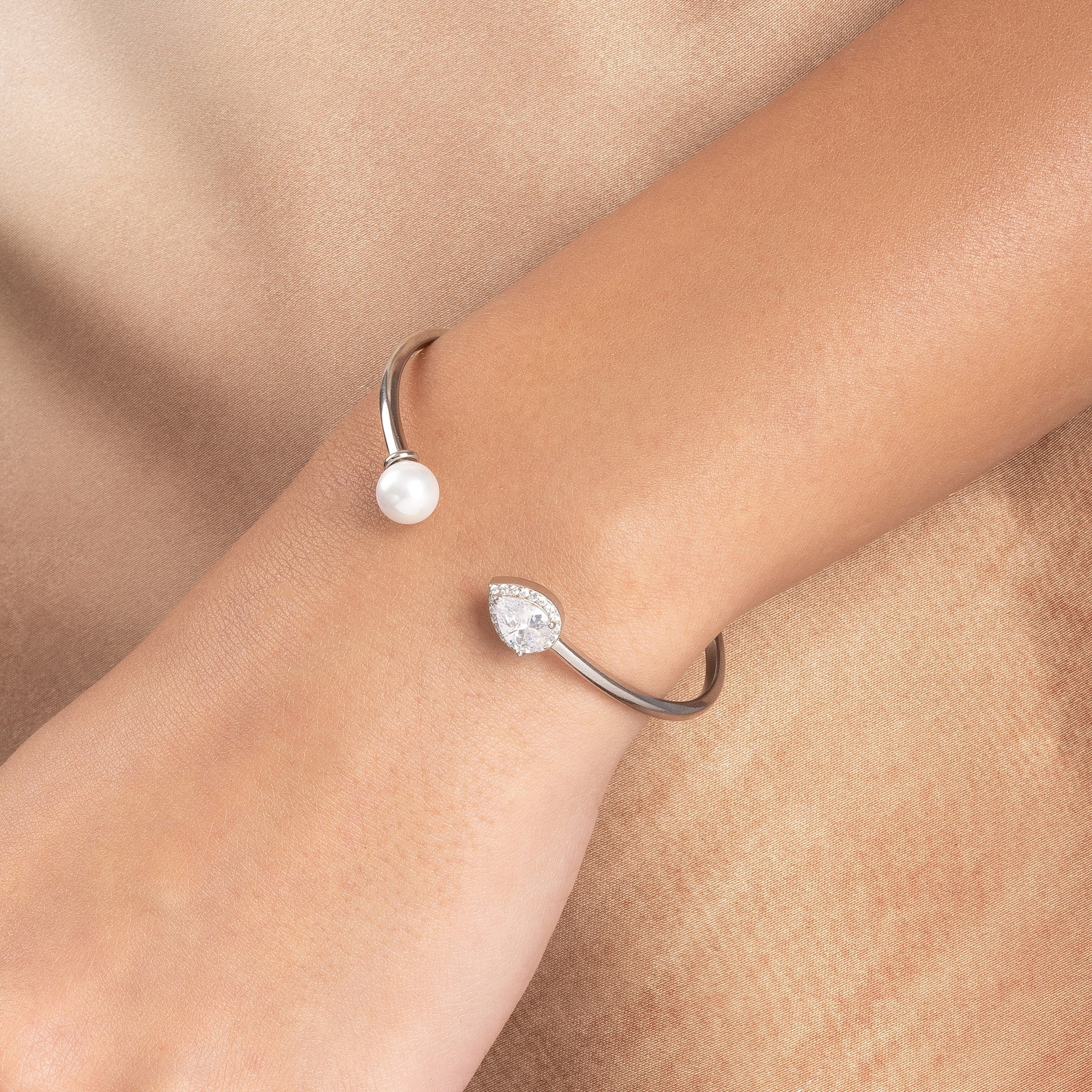 Silver CZ Tear Accent Cuff Kada