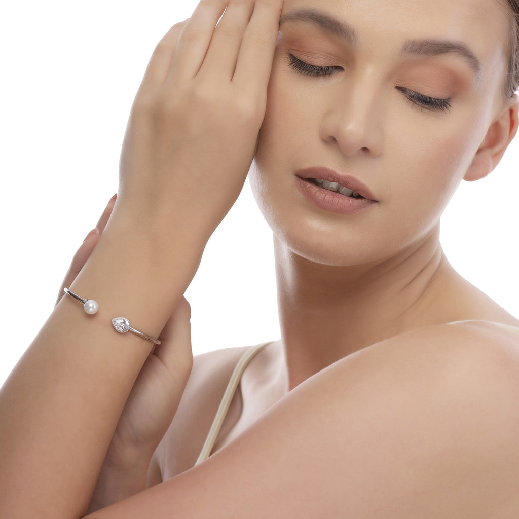 Silver CZ Tear Accent Cuff Kada