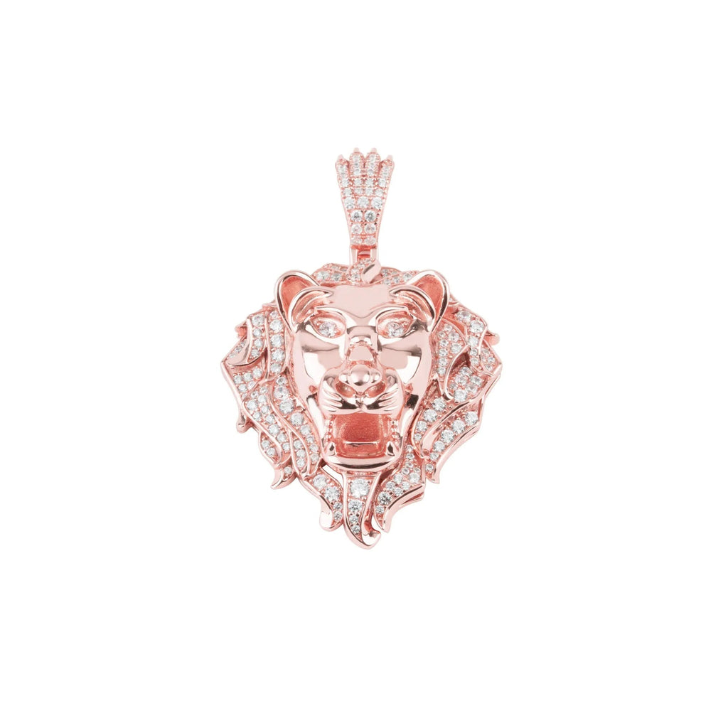 A Majestic Roar Zircon Studded Rose Gold Locket from Touch 925 designed in the shape of a detailed lion's face, adorned with numerous small, glistening CZ stones. The lion's mane is intricately crafted and also embedded with diamonds, giving a luxurious and elegant appearance.